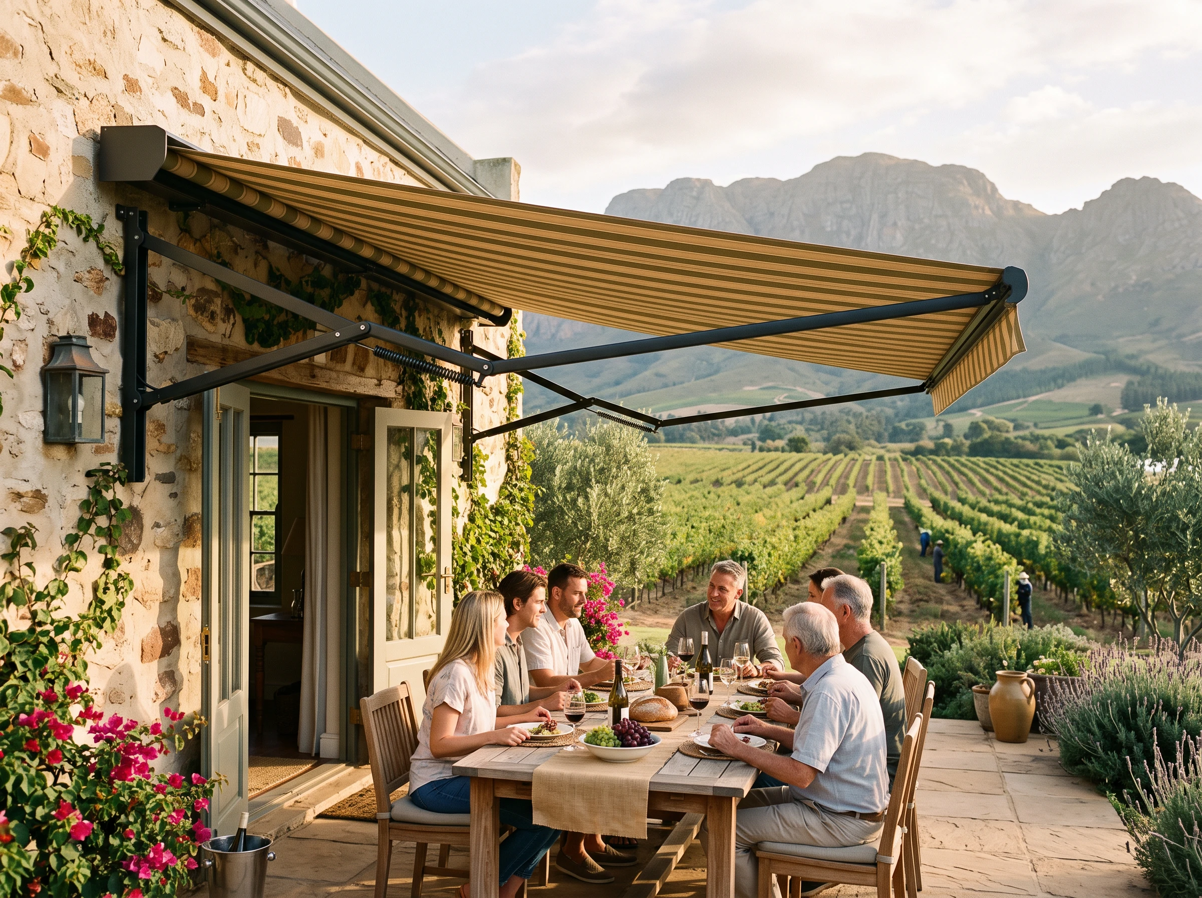 Folding-arm fabric awning extended over a patio dining table in a Paarl Winelands home with vineyard rows behind