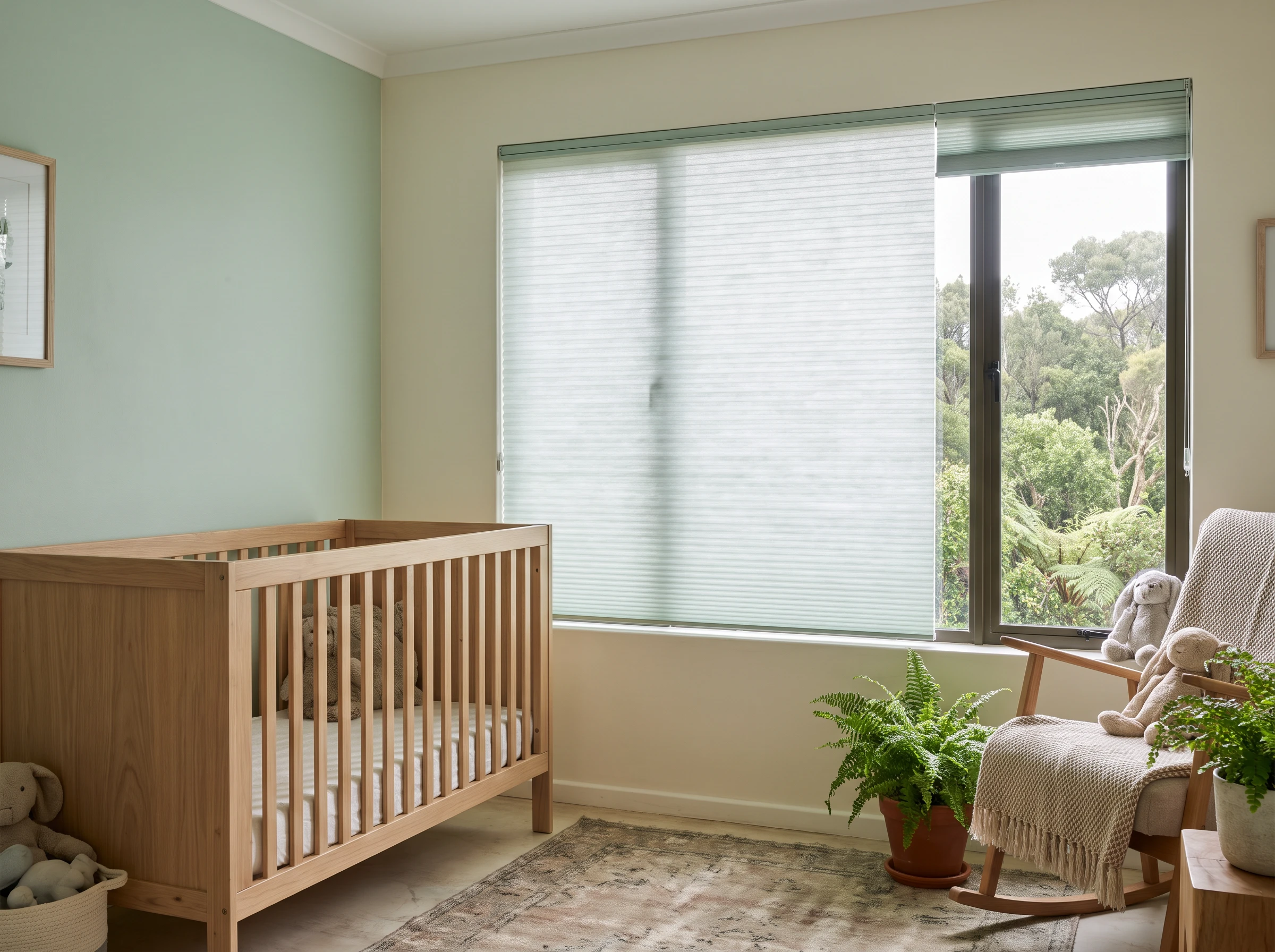 Cellular honeycomb blind with hexagonal cells lowered over a nursery window in a Garden Route home near Knysna, indigenous forest visible outside
