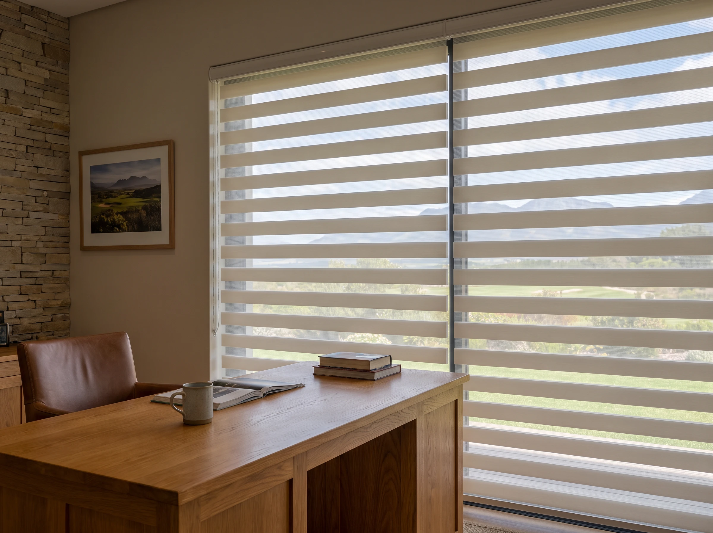 Day and night zebra blind with sheer and solid bands aligned across a study window in a Helderberg golf-estate home near Somerset West