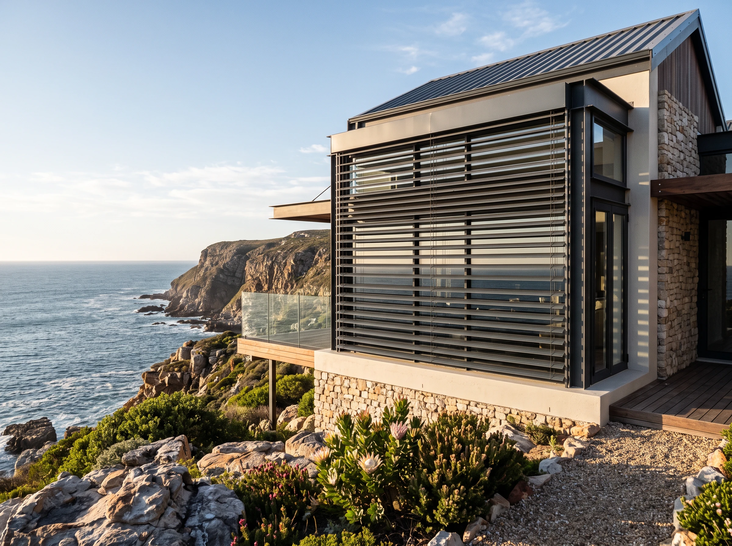 Wide aluminium external venetian blind slats mounted outside a large ocean-facing window on a Hermanus clifftop home on the Whale Coast