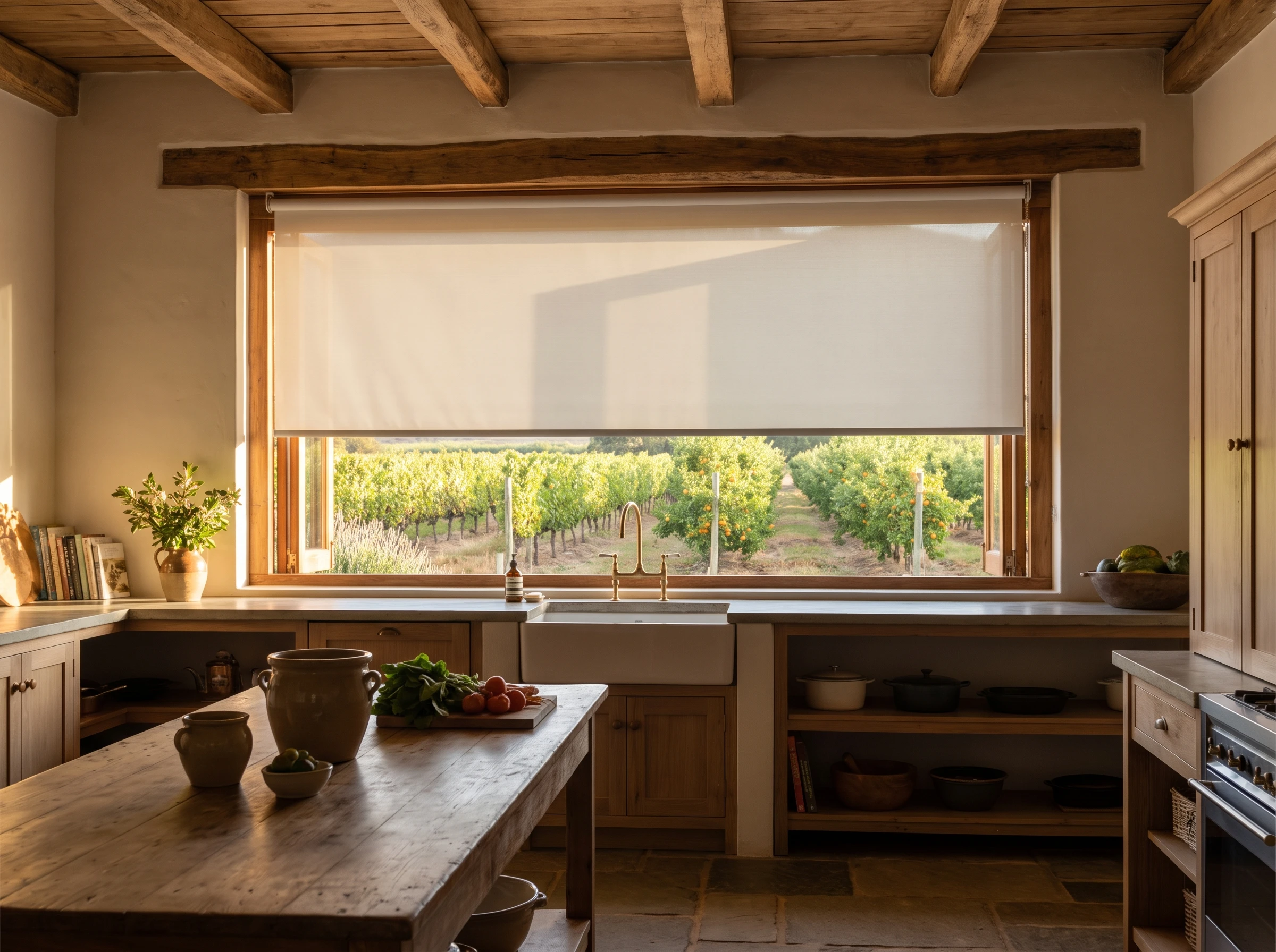 Sunscreen roller blind lowered halfway across a farmhouse kitchen window in the Breede Valley, Cape Winelands, orchard rows visible outside