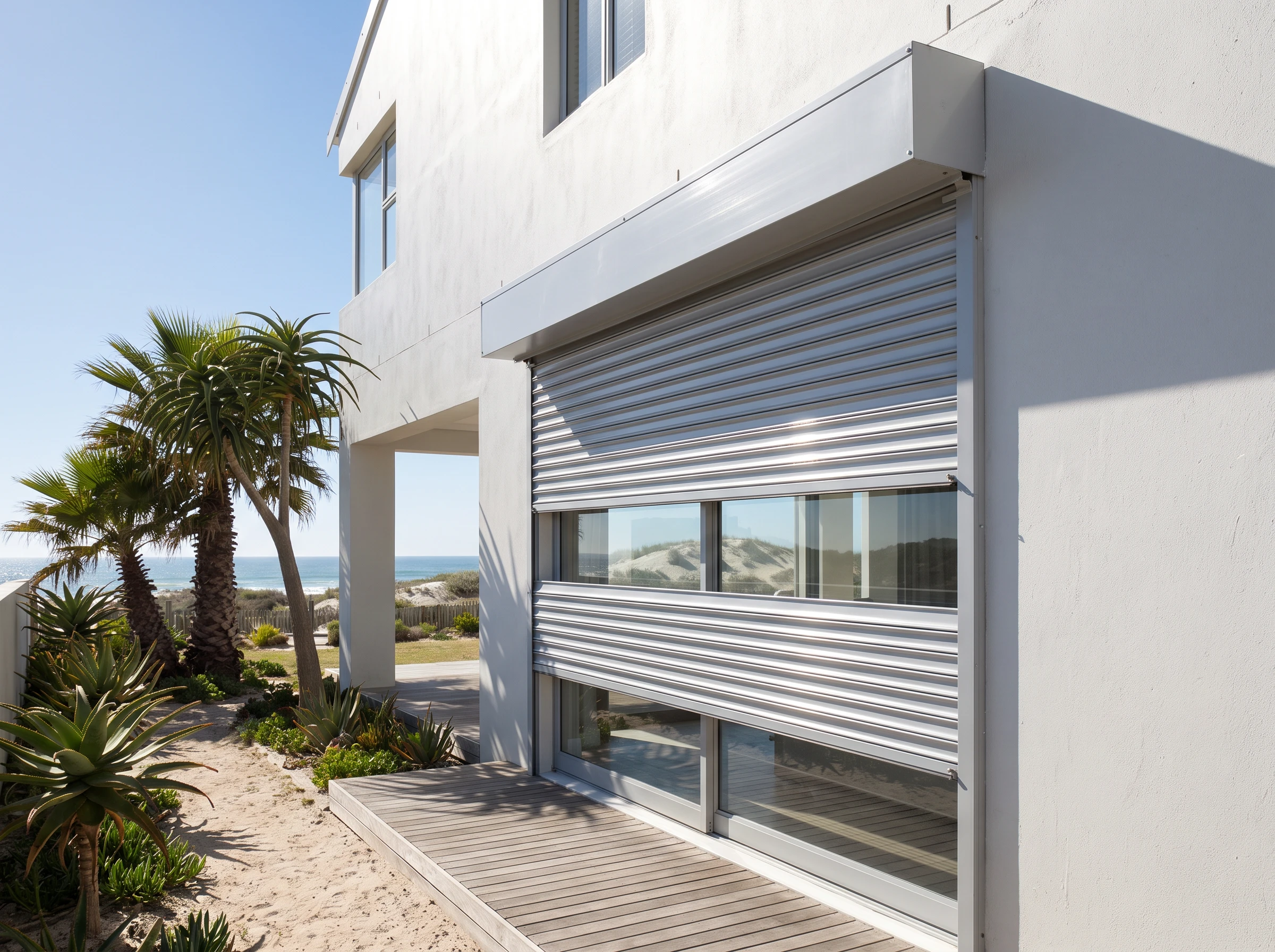 External aluminium roller shutter partly lowered from a headbox outside a beach house window on the Western Cape west coast