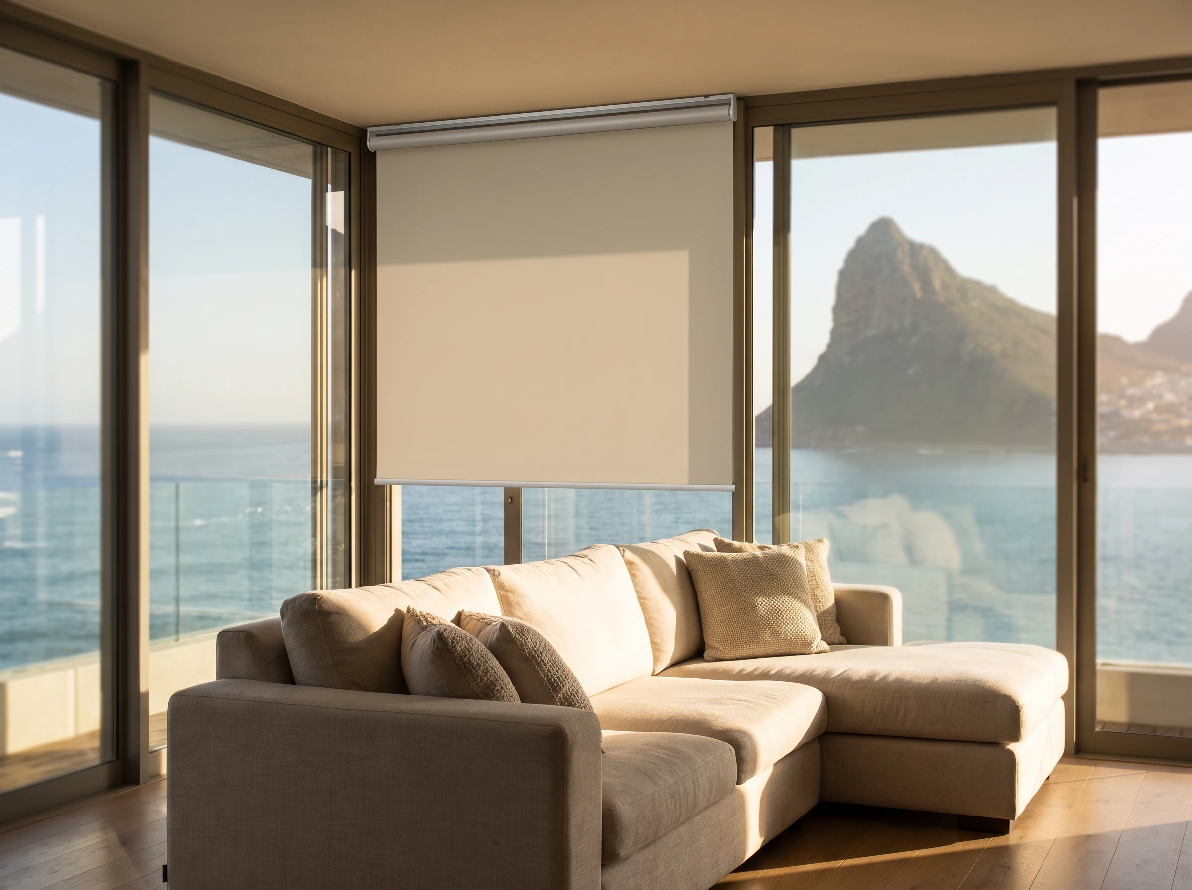 Sunscreen roller blind lowered halfway across a floor-to-ceiling window in an Atlantic Seaboard Cape Town lounge overlooking the ocean