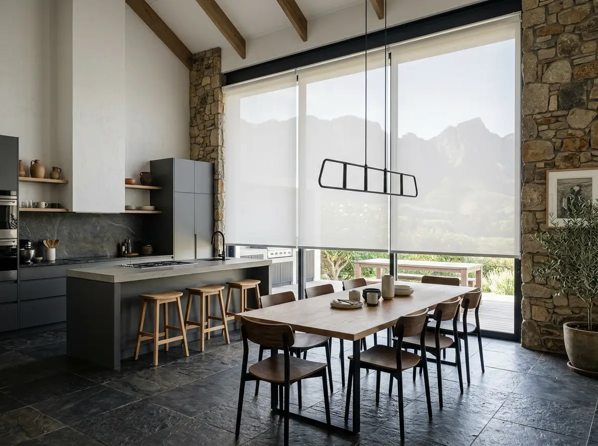 Open-plan Western Cape kitchen and dining area with three flat white sunscreen roller blinds lowered across a glass wall, mountain view beyond