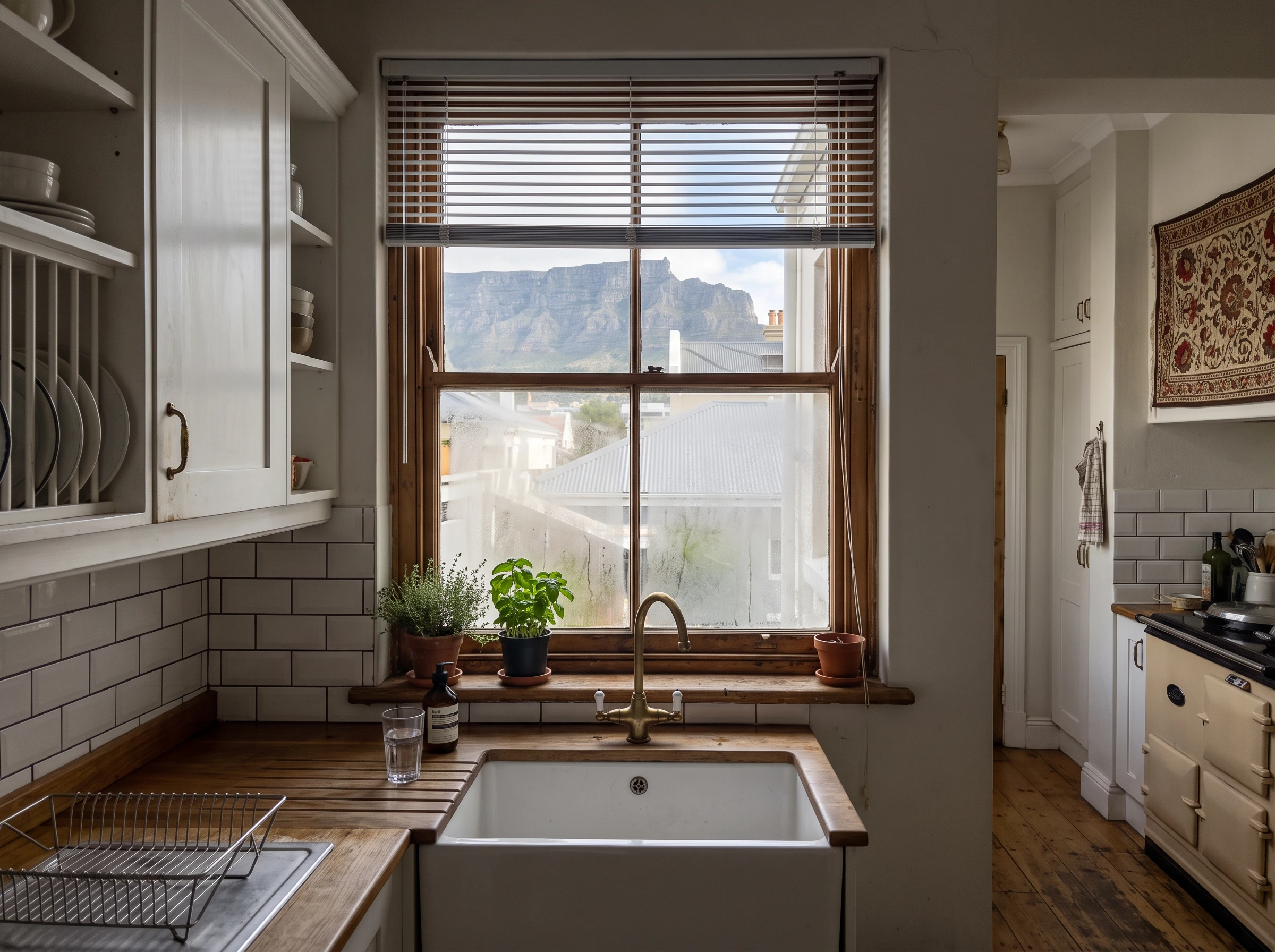 Slim aluminium venetian blind slats tilted in a City Bowl Cape Town kitchen window with Table Mountain visible outside