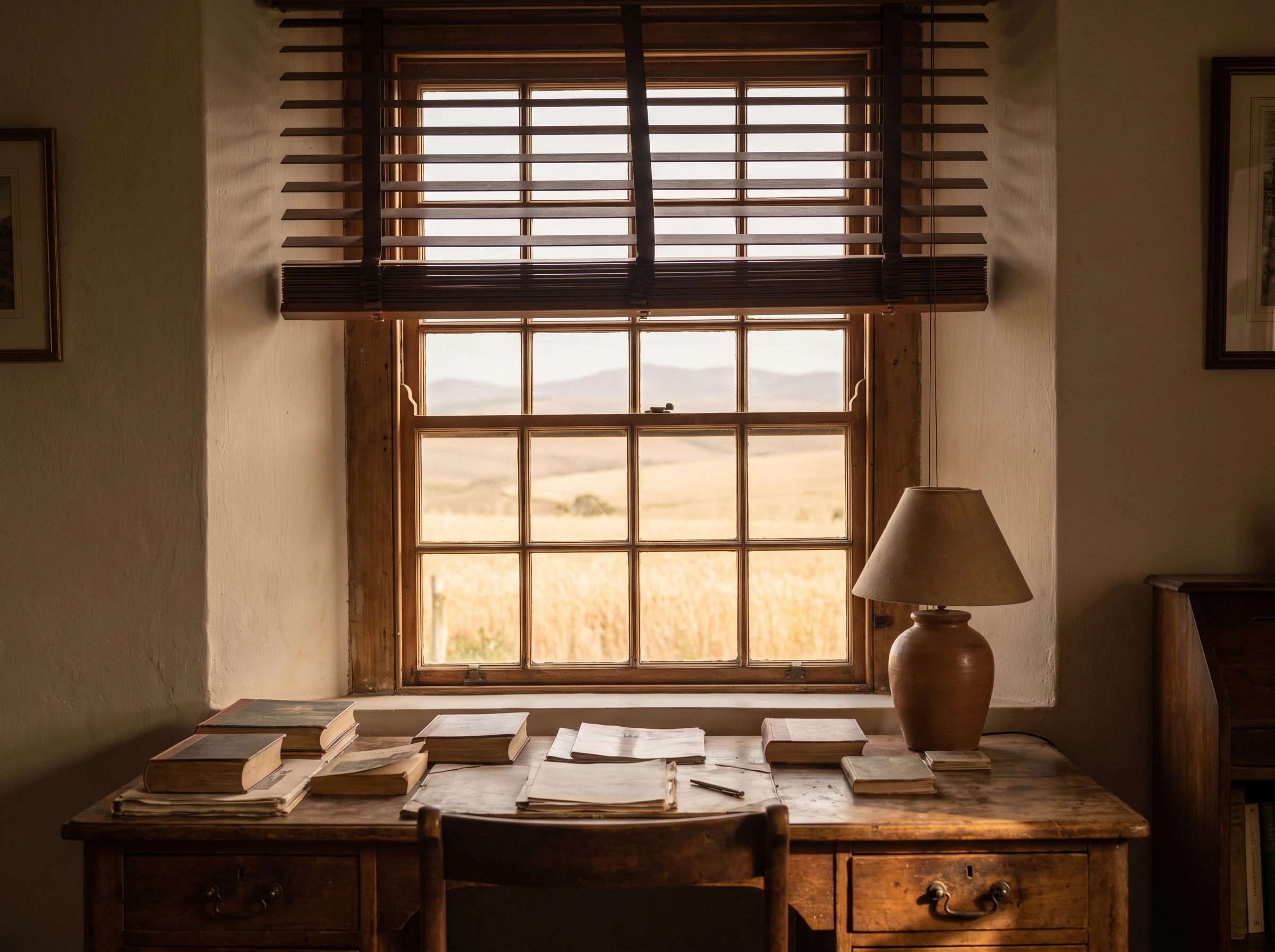 Wide timber venetian blind slats in a small-paned sash window of an Overberg heritage cottage study, wheatfields visible outside