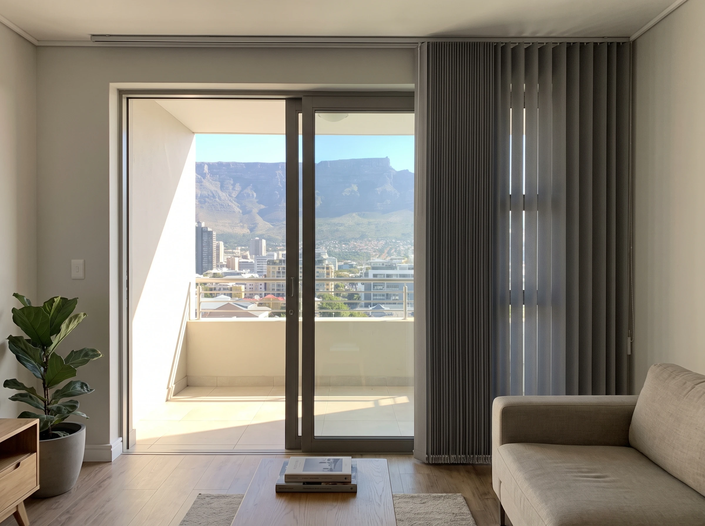 Vertical blind vanes partly drawn beside a wide sliding glass door onto a balcony in a Cape Town metro apartment